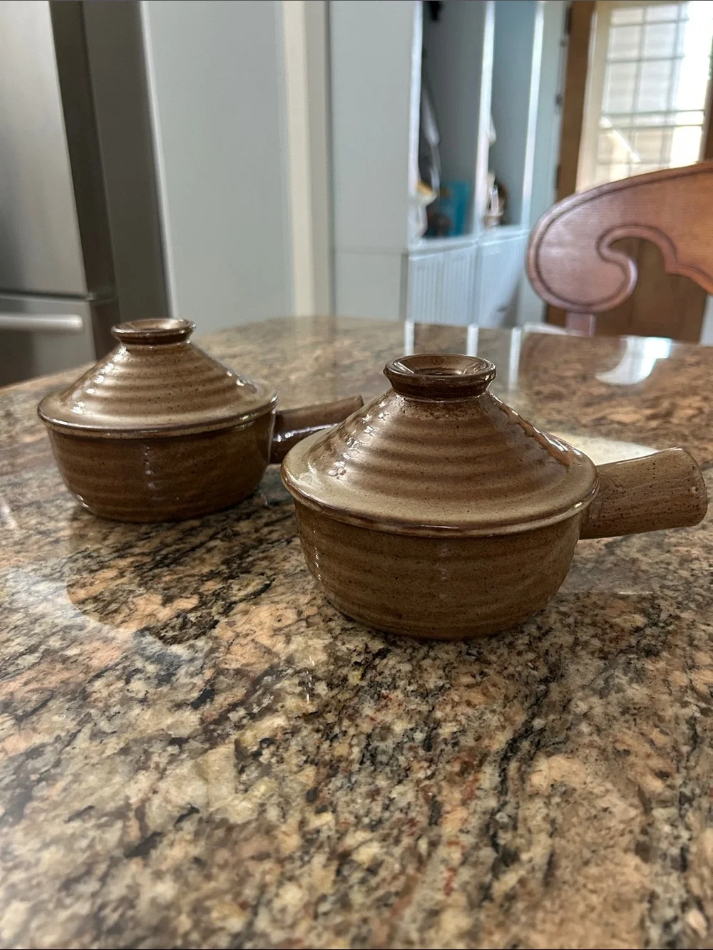 Pair of Stoneware Brown Ceramic Pots/Bowls with Lids